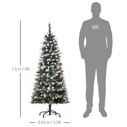 5FT Artificial Pencil Christmas Tree, Berries & Pinecones, Foldable Feet, Green