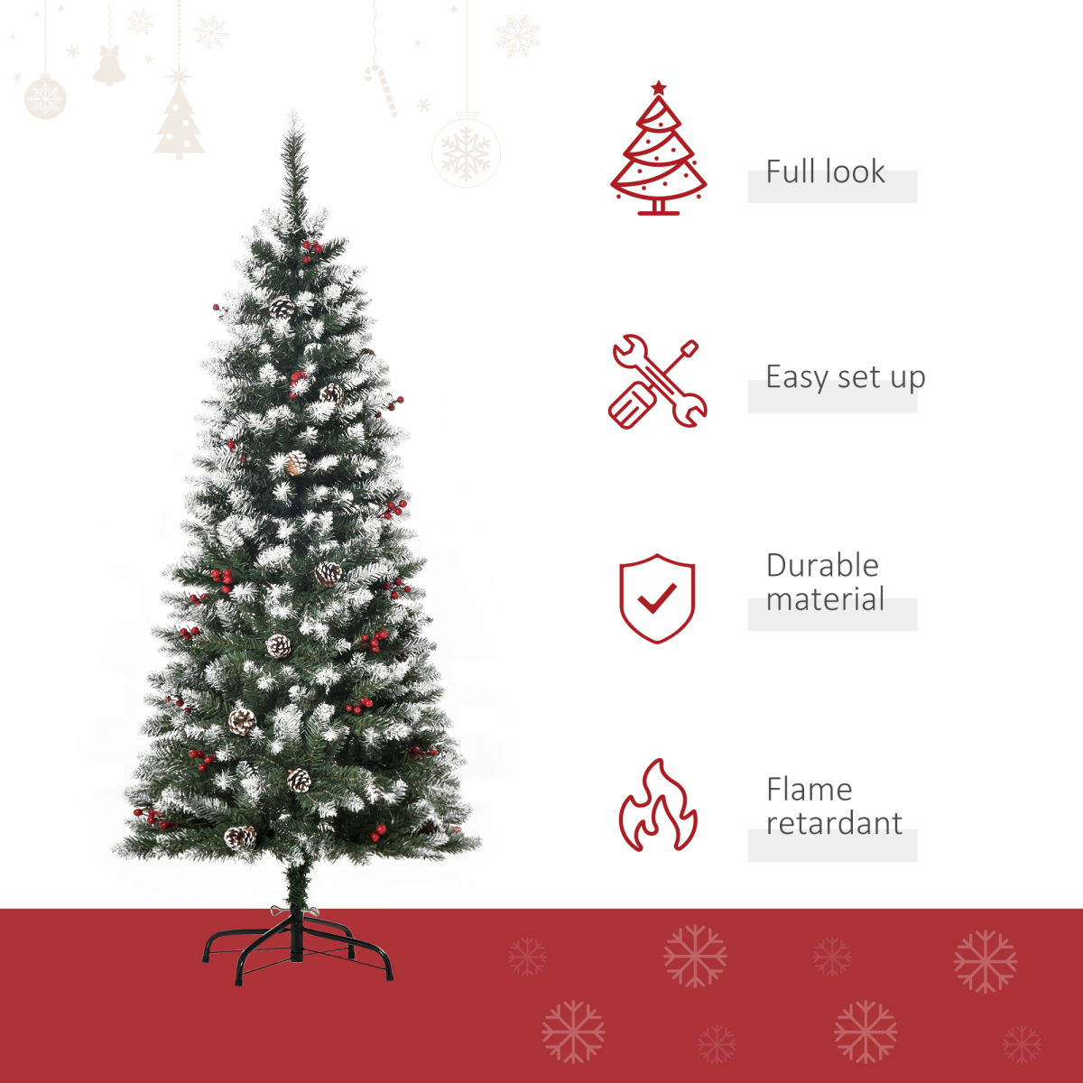 5FT Artificial Pencil Christmas Tree, Berries & Pinecones, Foldable Feet, Green