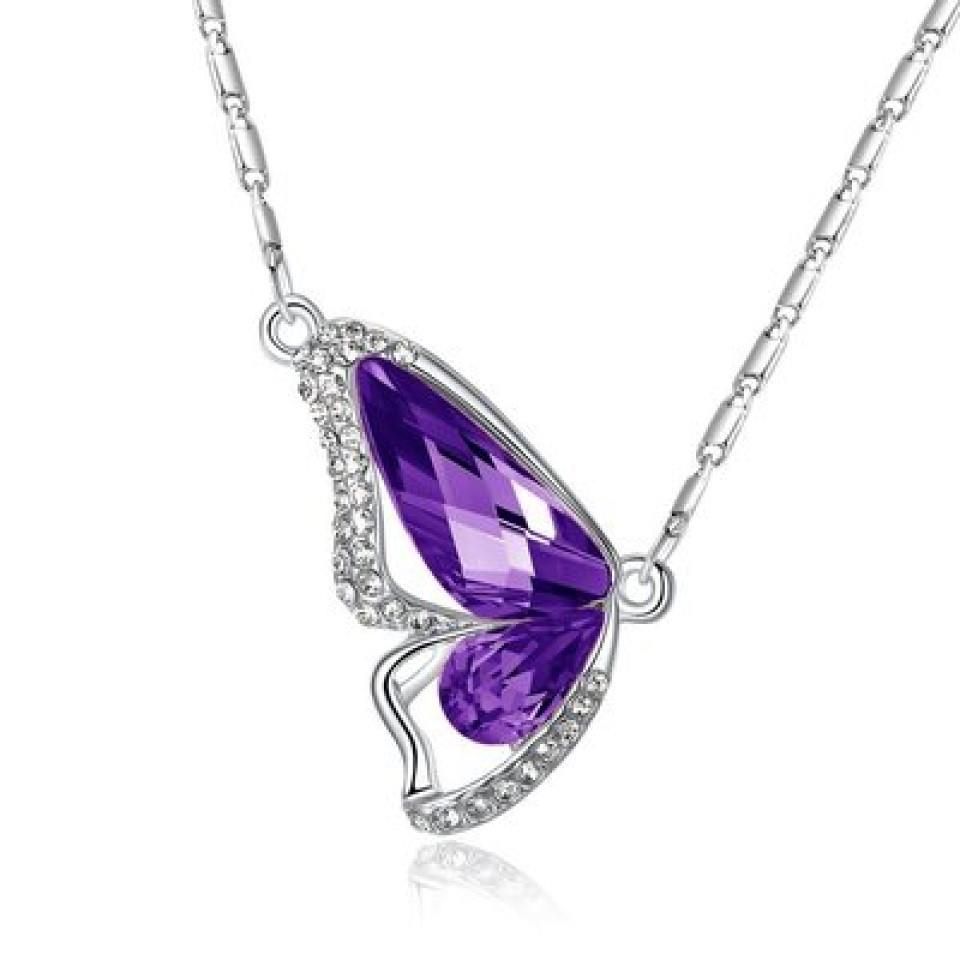 Silver Tone Crystal Purple Butterfly Lavender Amethyst Pendant Necklace